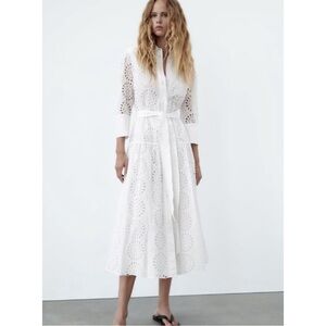 Zara | Dresses | Zara Womens White Eyelet Embroidered Belted Shirt Dress  Size Medium | Poshmark